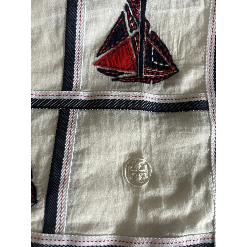 Tory Burch White Scarf with Navy Grid and Red Sailboat Motif